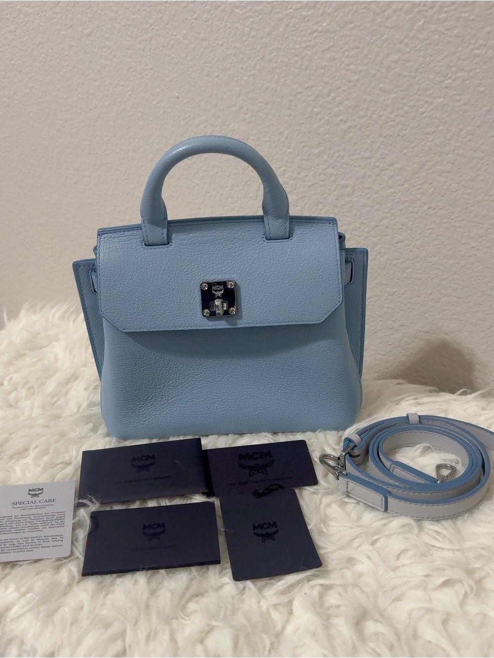 MCM Sky Blue Leather Top Handle Crossbody Handbag